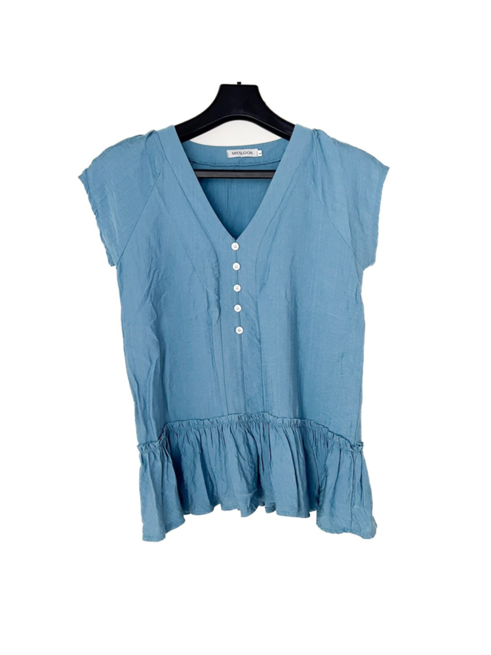 Blue/Teal V-Neck Button Front Ruffle Peplum Blouse Lightweight Casual Coastal